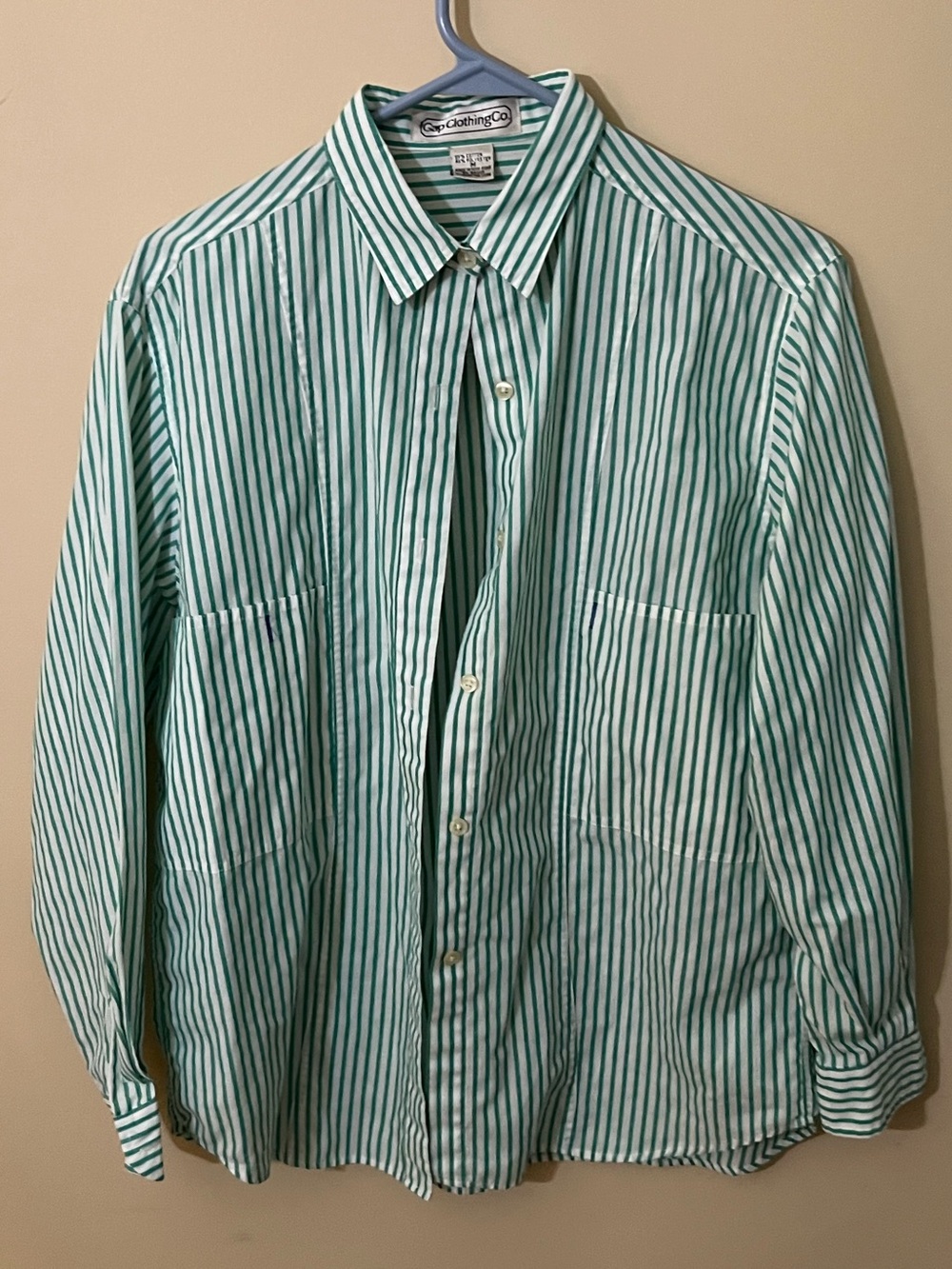 Vintage 1980s Gap Men’s Striped Green and White Button Down Shirt